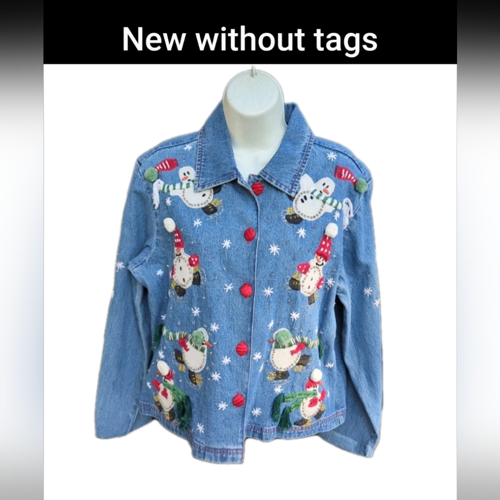 1990s Bleu Bayou Denim Maximalist Winter Christmas Snowman 3D Jacket